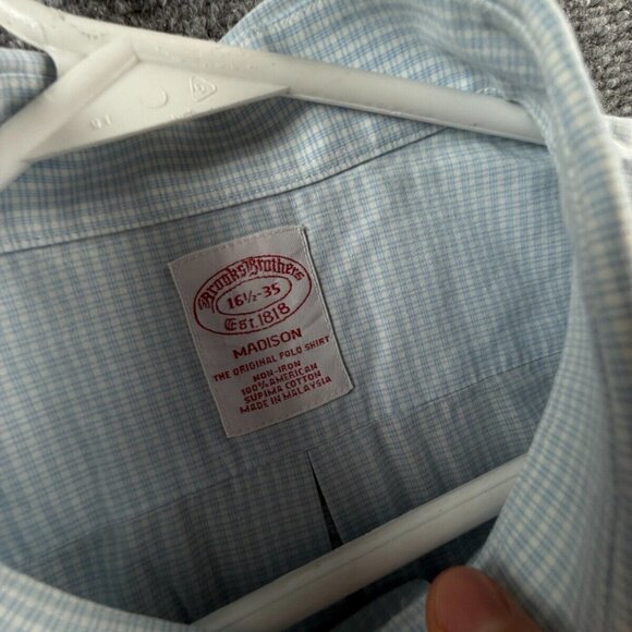Brooks Brothers Non Iron Button Up Shirt Cotton Men 16.5 35 Madison Blue Check - Picture 8 of 16